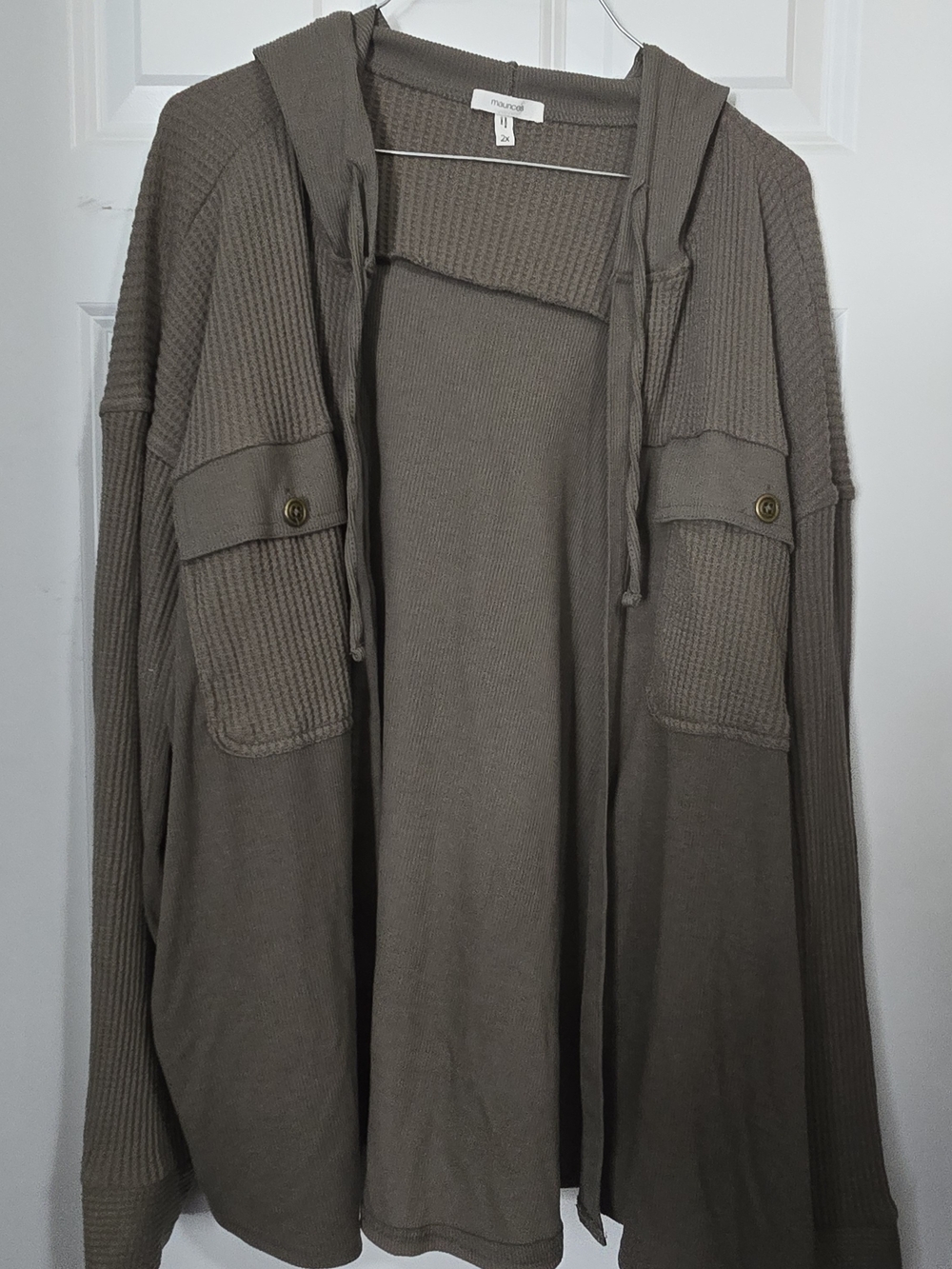 Maurices Taupe Hooded Waffle-Knit Cardigan Sweater